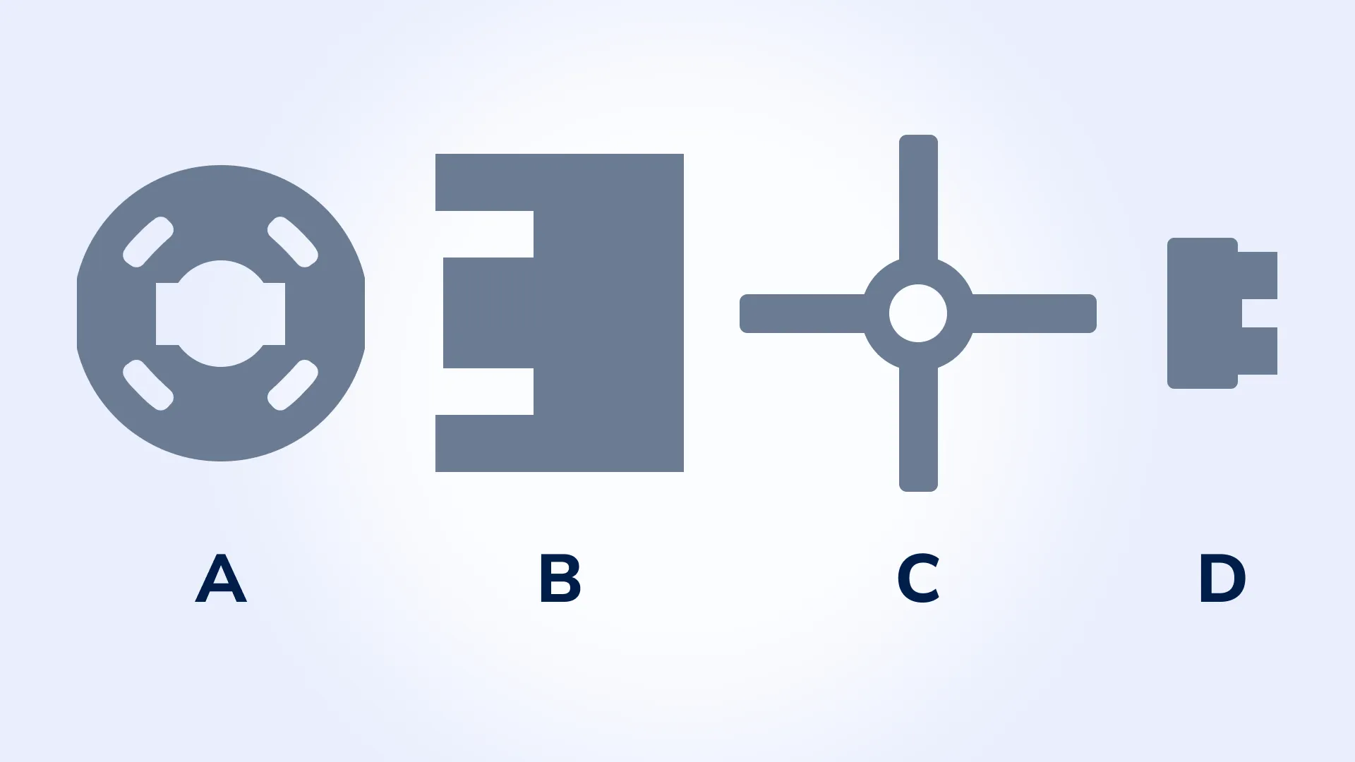 All four unique patterns are labeled: A (1 copy), B (2 copies), C (4 copies), D (8 copies) All four unique patterns are labeled: A (1 copy), B (2 copies), C (4 copies), D (8 copies)