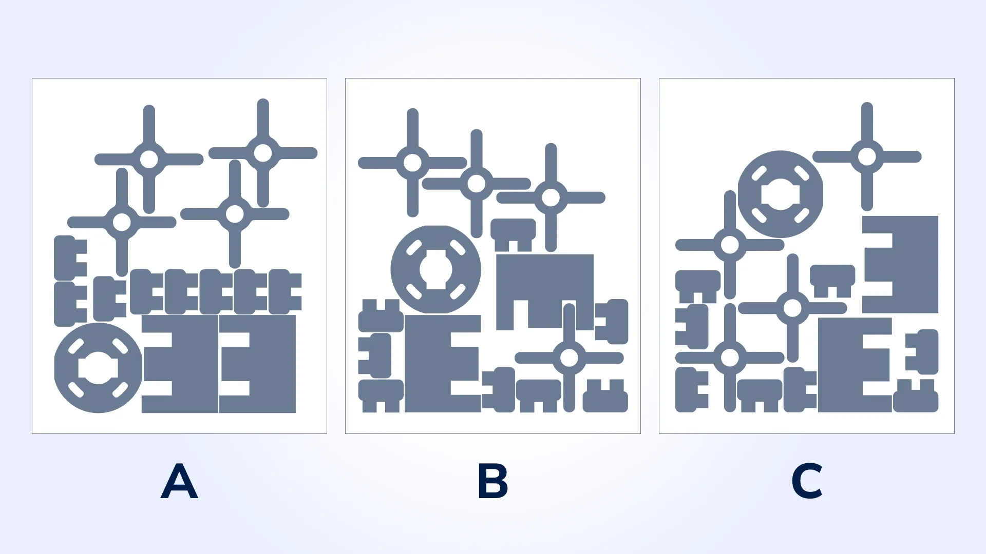 A visualization of the initial random placement with 77.18% Scrap and the best Placement Efficiency a) 23.56% b) 24.42% c) 23.95% A visualization of the initial random placement with 77.18% Scrap and the best Placement Efficiency a) 23.56% b) 24.42% c) 23.95%