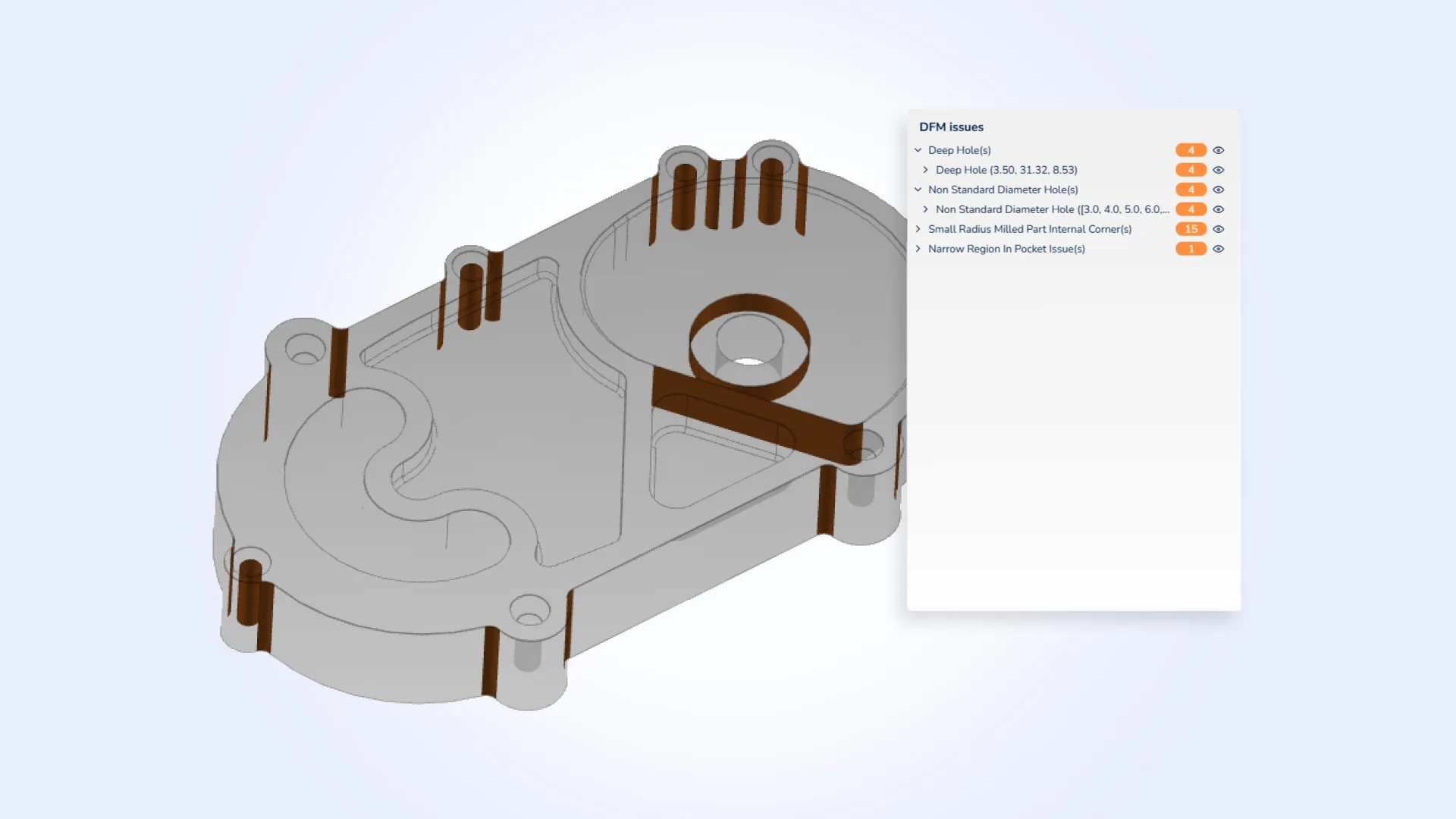 Detected DFM violations highlighted on the original model 