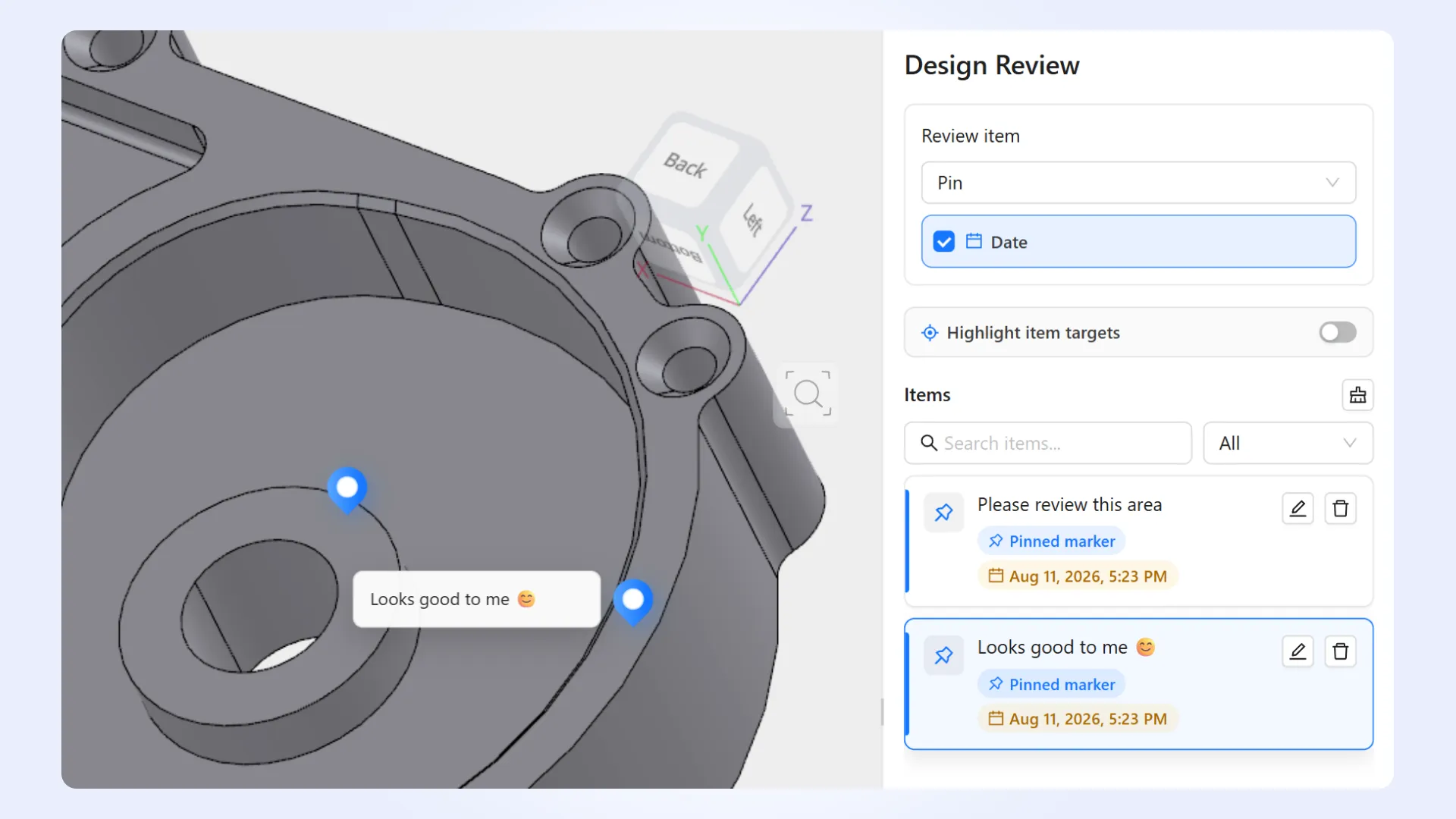 3D model review with pins and comments 3D model review with pins and comments