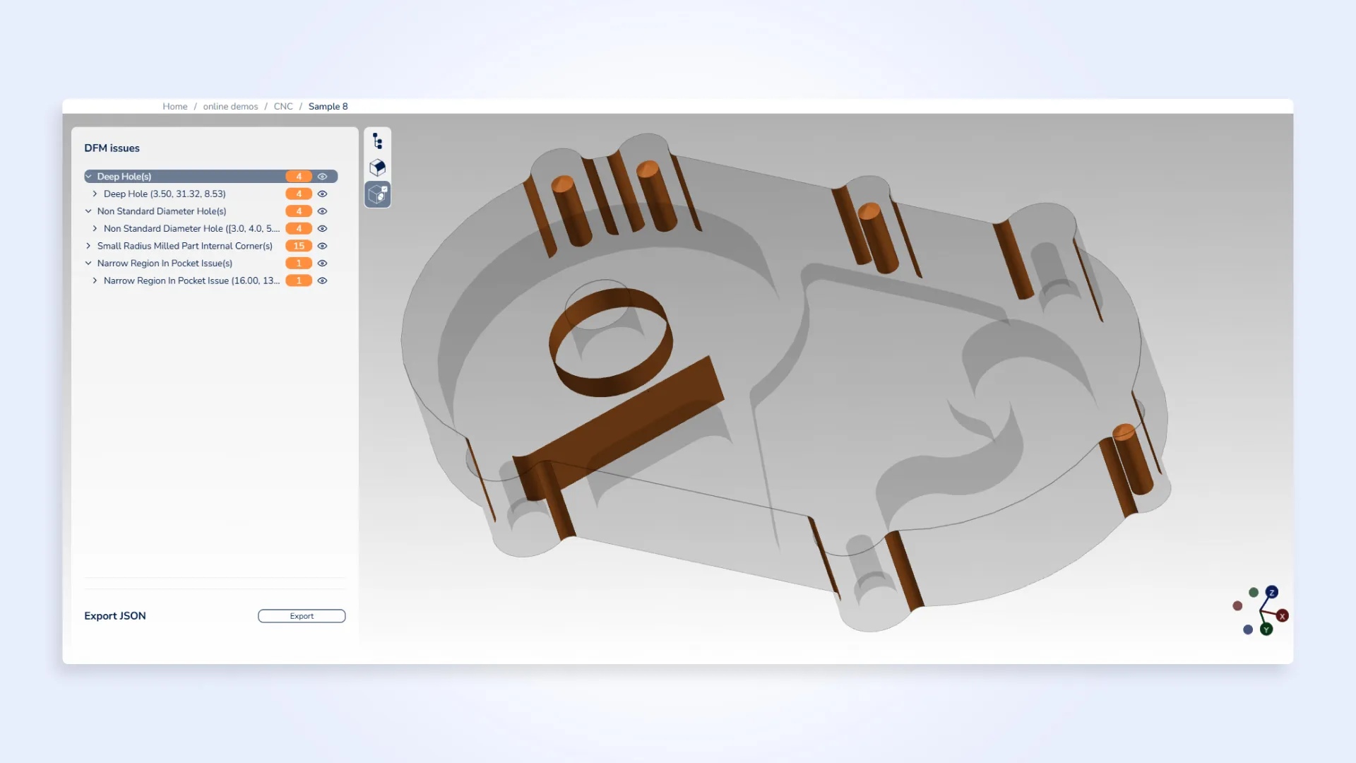 MTK online demo showing DFM issues in a part to be machined