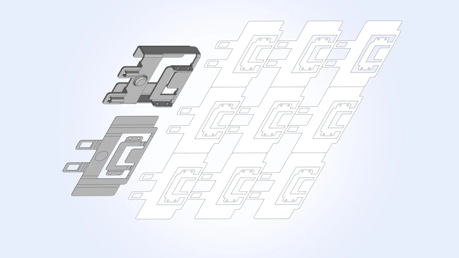 Sheet metal model shown in 3D (original), in 2D (unfolded), and nested on a sheet