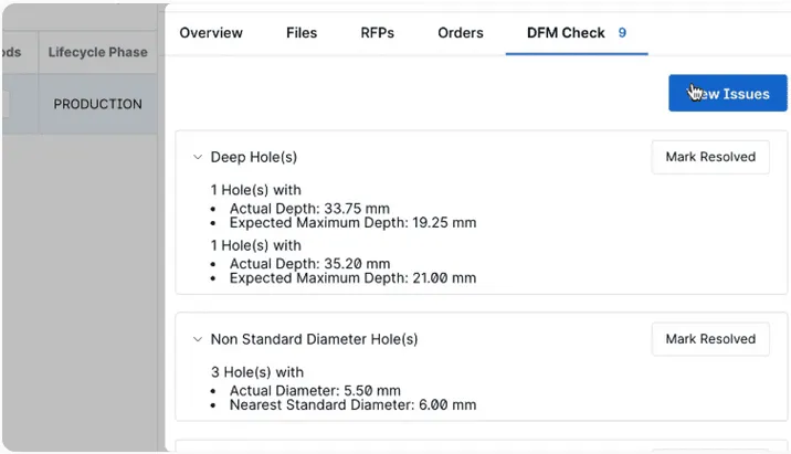 “View Issues” in the DFM Check tab / app.partsimony.com